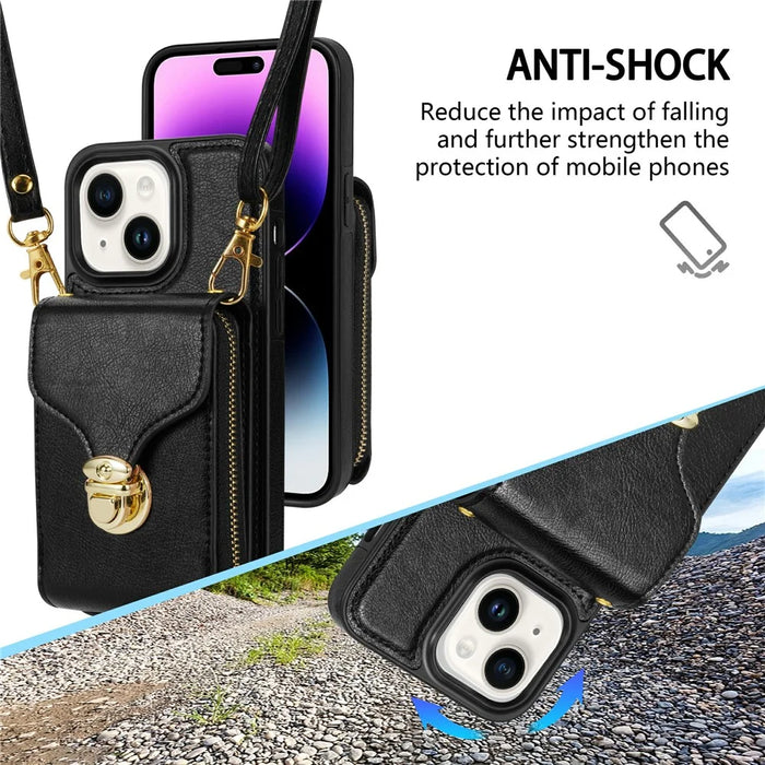 For iPhone 15 Card Slot Phone Case PU Leather Coated TPU Zipper Pocket Kickstand Cover with Shoulder Strap - Black - 6