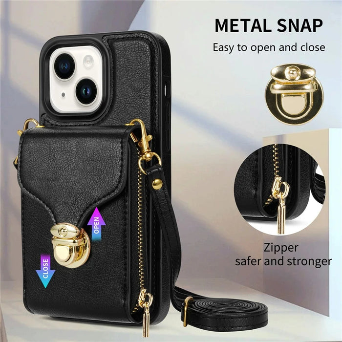 For iPhone 15 Card Slot Phone Case PU Leather Coated TPU Zipper Pocket Kickstand Cover with Shoulder Strap - Black - 7