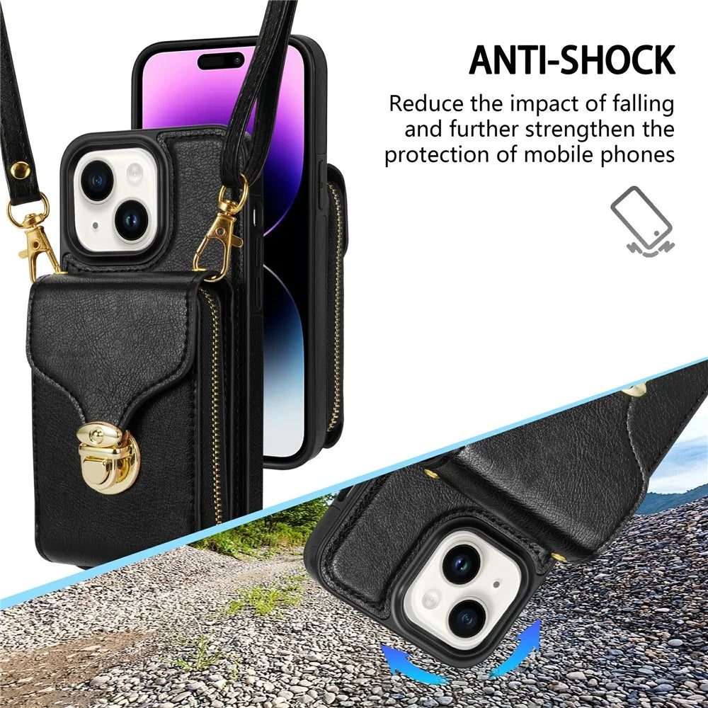 For iPhone 15 Plus PU Leather Coated TPU Card Slot Cover Zipper Pocket Kickstand Phone Case with Shoulder Strap - Black - 6