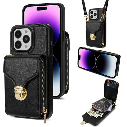 For iPhone 15 Pro Max Zipper Pocket Card Holder Case Kickstand PU Leather + TPU Phone Cover with Shoulder Strap - Black - 1