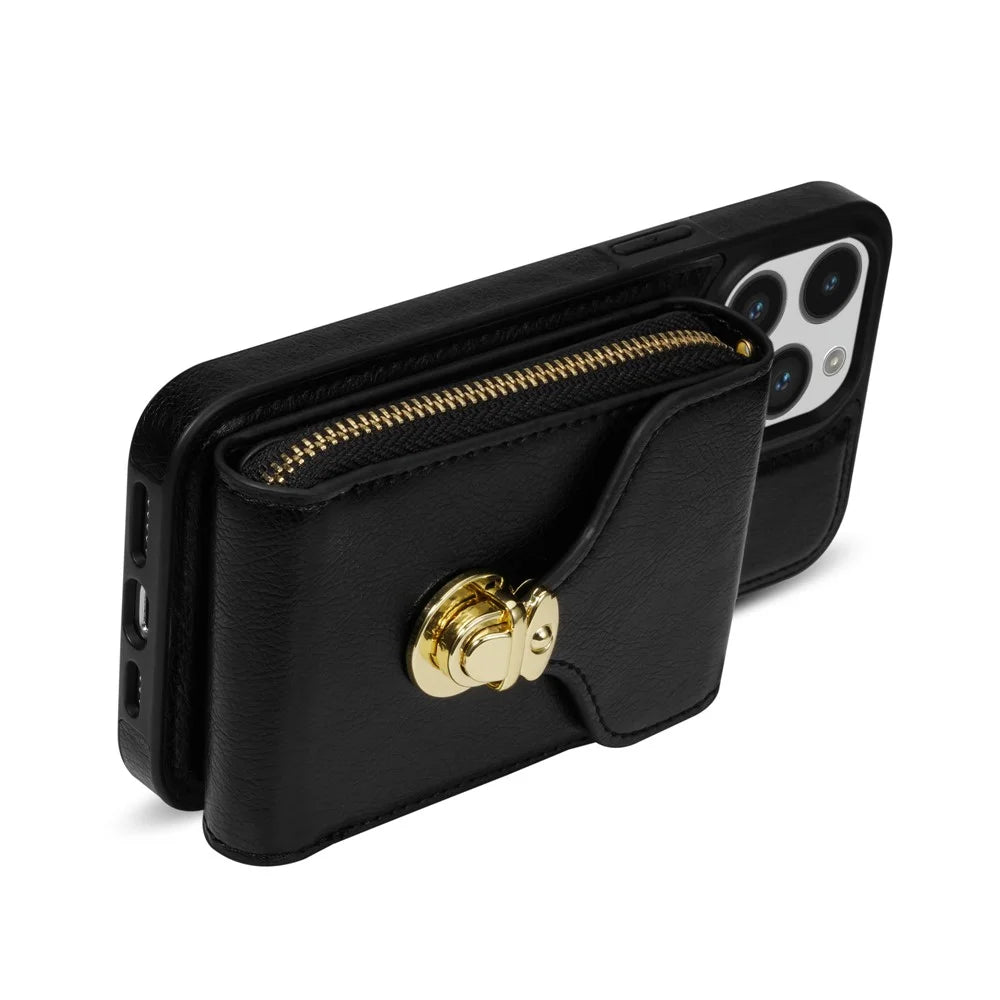 For iPhone 15 Pro Max Zipper Pocket Card Holder Case Kickstand PU Leather + TPU Phone Cover with Shoulder Strap - Black - 4