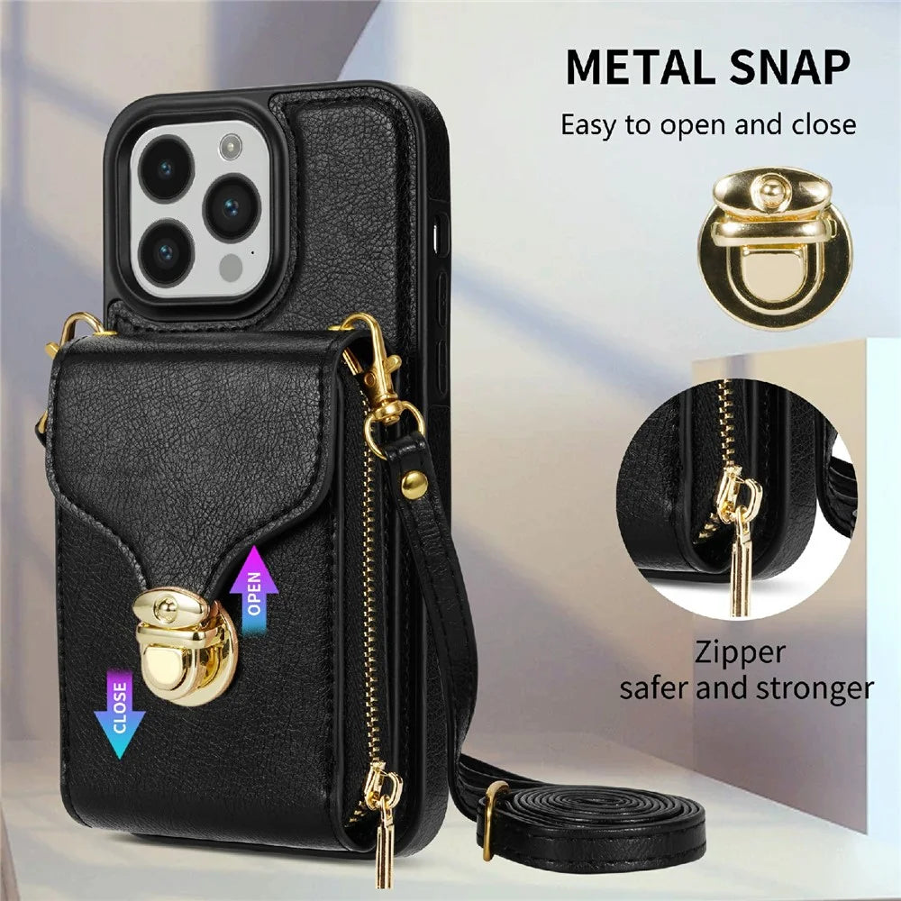 For iPhone 15 Pro Max Zipper Pocket Card Holder Case Kickstand PU Leather + TPU Phone Cover with Shoulder Strap - Black - 7