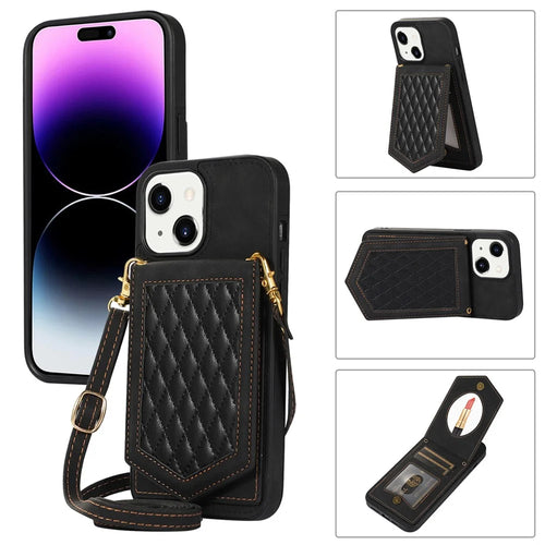 For iPhone 15 RFID Blocking Card Holder Phone Case Mirror Kickstand Imprinted PU Leather Coated TPU Cover with Shoulder Strap - Black - 1