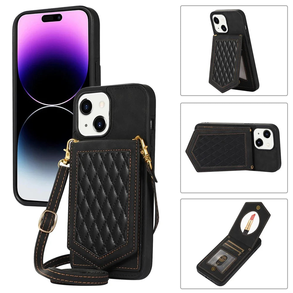 For iPhone 15 RFID Blocking Card Holder Phone Case Mirror Kickstand Imprinted PU Leather Coated TPU Cover with Shoulder Strap - Black - 1