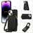 For iPhone 15 RFID Blocking Card Holder Phone Case Mirror Kickstand Imprinted PU Leather Coated TPU Cover with Shoulder Strap - Black - 1