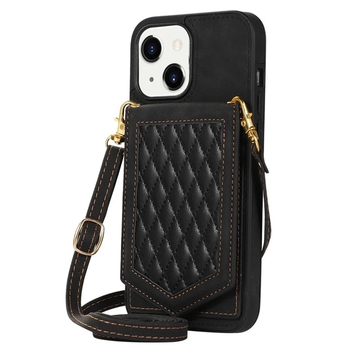 For iPhone 15 RFID Blocking Card Holder Phone Case Mirror Kickstand Imprinted PU Leather Coated TPU Cover with Shoulder Strap - Black - 2