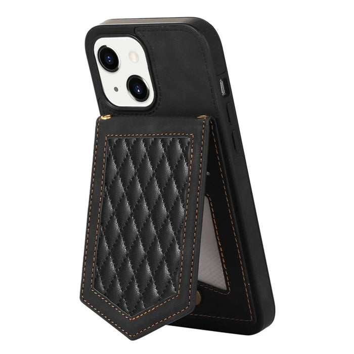 For iPhone 15 RFID Blocking Card Holder Phone Case Mirror Kickstand Imprinted PU Leather Coated TPU Cover with Shoulder Strap - Black - 4