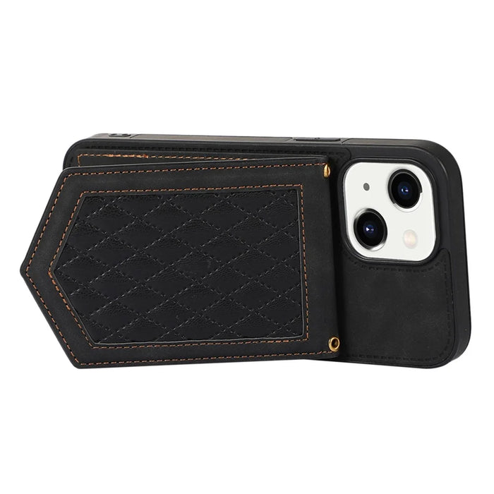 For iPhone 15 RFID Blocking Card Holder Phone Case Mirror Kickstand Imprinted PU Leather Coated TPU Cover with Shoulder Strap - Black - 5