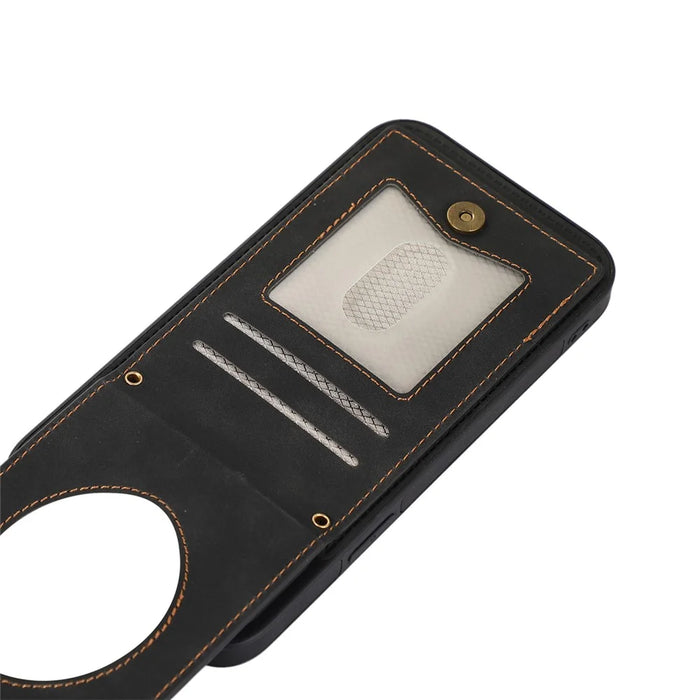 For iPhone 15 RFID Blocking Card Holder Phone Case Mirror Kickstand Imprinted PU Leather Coated TPU Cover with Shoulder Strap - Black - 7