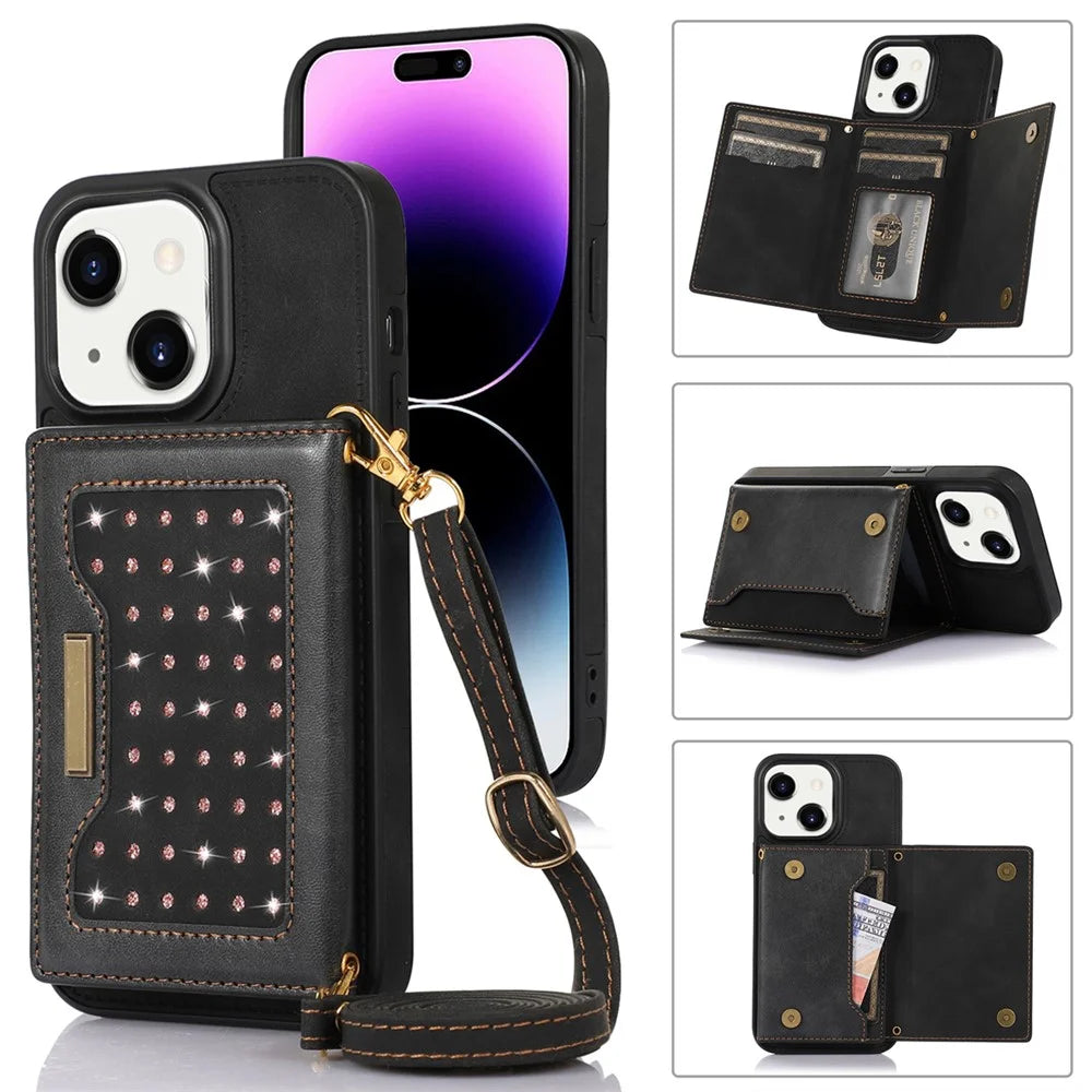 For iPhone 15 RFID Blocking PU Leather + TPU Phone Case Rhinestone Decor Wallet Kickstand Cover with Shoulder Strap - Black - 1