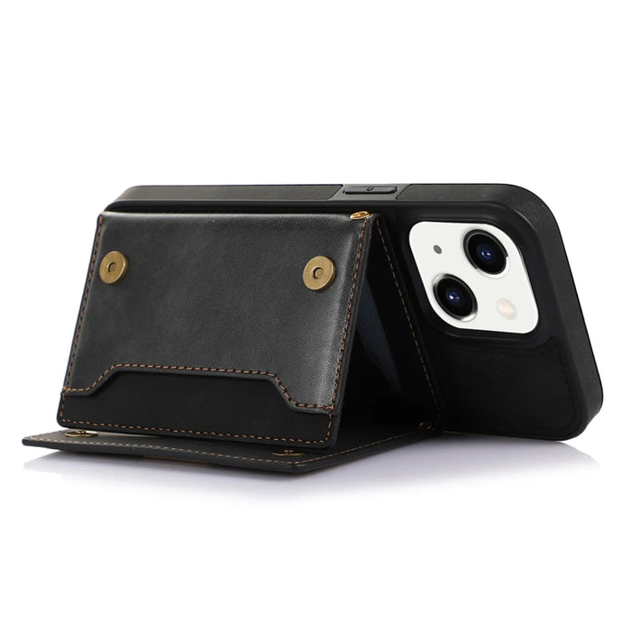 For iPhone 15 RFID Blocking PU Leather + TPU Phone Case Rhinestone Decor Wallet Kickstand Cover with Shoulder Strap - Black - 3