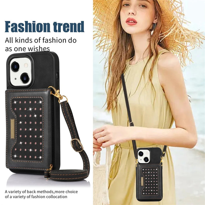 For iPhone 15 RFID Blocking PU Leather + TPU Phone Case Rhinestone Decor Wallet Kickstand Cover with Shoulder Strap - Black - 6