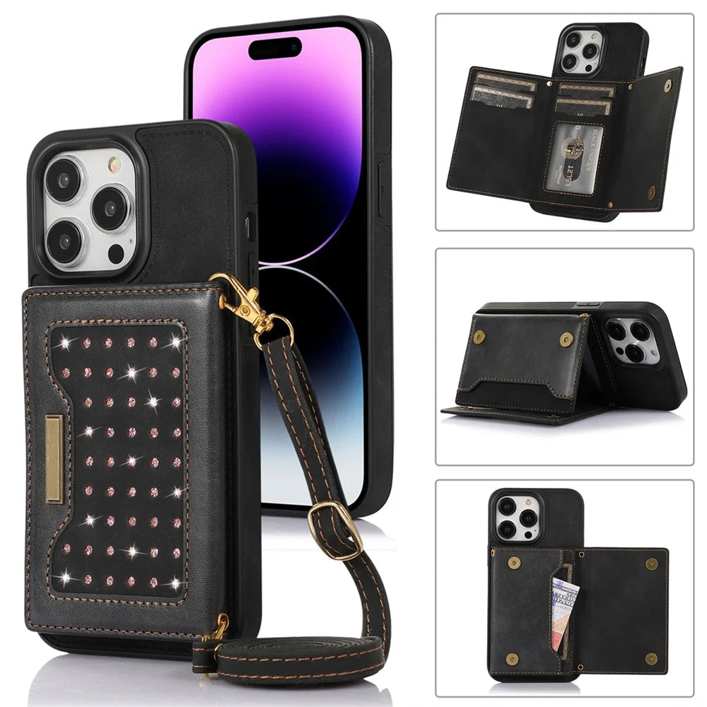 For iPhone 15 Pro RFID Blocking Kickstand Cover PU Leather + TPU Rhinestone Decor Wallet Phone Case with Shoulder Strap - Black - 1