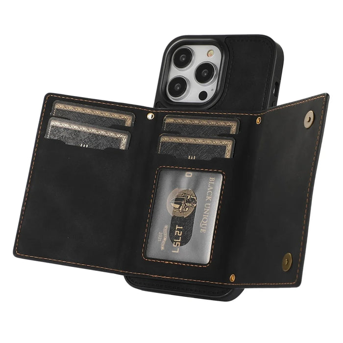 For iPhone 15 Pro RFID Blocking Kickstand Cover PU Leather + TPU Rhinestone Decor Wallet Phone Case with Shoulder Strap - Black - 2