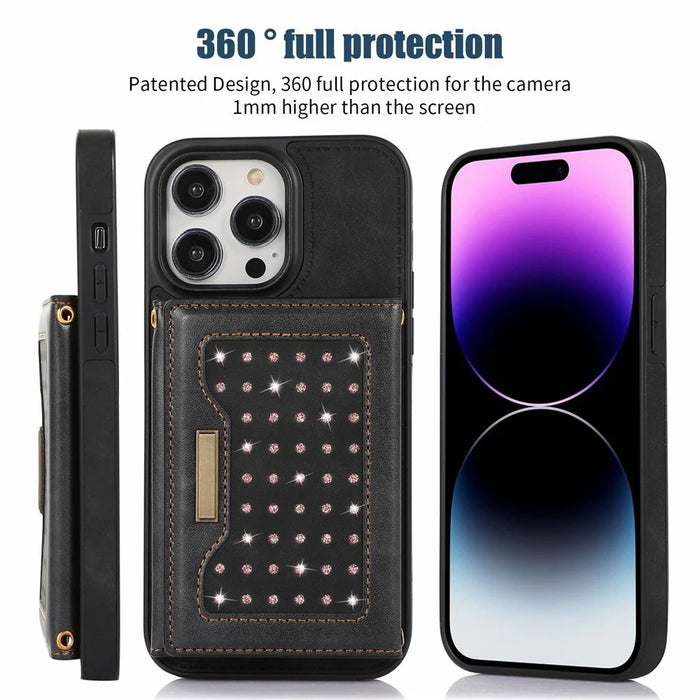 For iPhone 15 Pro RFID Blocking Kickstand Cover PU Leather + TPU Rhinestone Decor Wallet Phone Case with Shoulder Strap - Black - 5