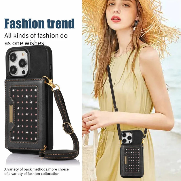 For iPhone 15 Pro RFID Blocking Kickstand Cover PU Leather + TPU Rhinestone Decor Wallet Phone Case with Shoulder Strap - Black - 6