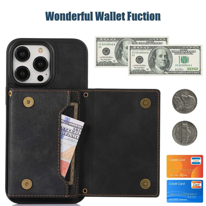 For iPhone 15 Pro RFID Blocking Kickstand Cover PU Leather + TPU Rhinestone Decor Wallet Phone Case with Shoulder Strap - Black - 7