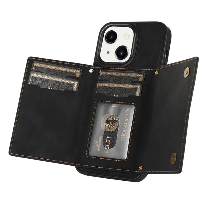 For iPhone 15 Plus Wallet RFID Blocking Phone Case Kickstand PU Leather + TPU Rhinestone Decor Cover with Shoulder Strap - Black - 2