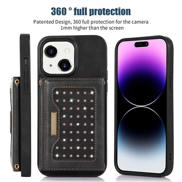 For iPhone 15 Plus Wallet RFID Blocking Phone Case Kickstand PU Leather + TPU Rhinestone Decor Cover with Shoulder Strap - Black - 5