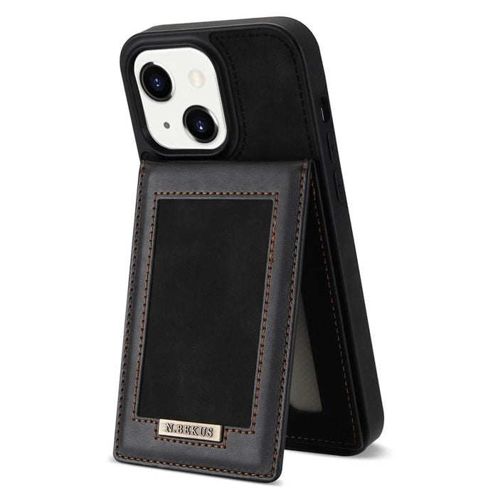 N.BEKUS RFID Blocking Phone Case for iPhone 15 , Card Holder Kickstand Leather Coated TPU Cover - Black - 3