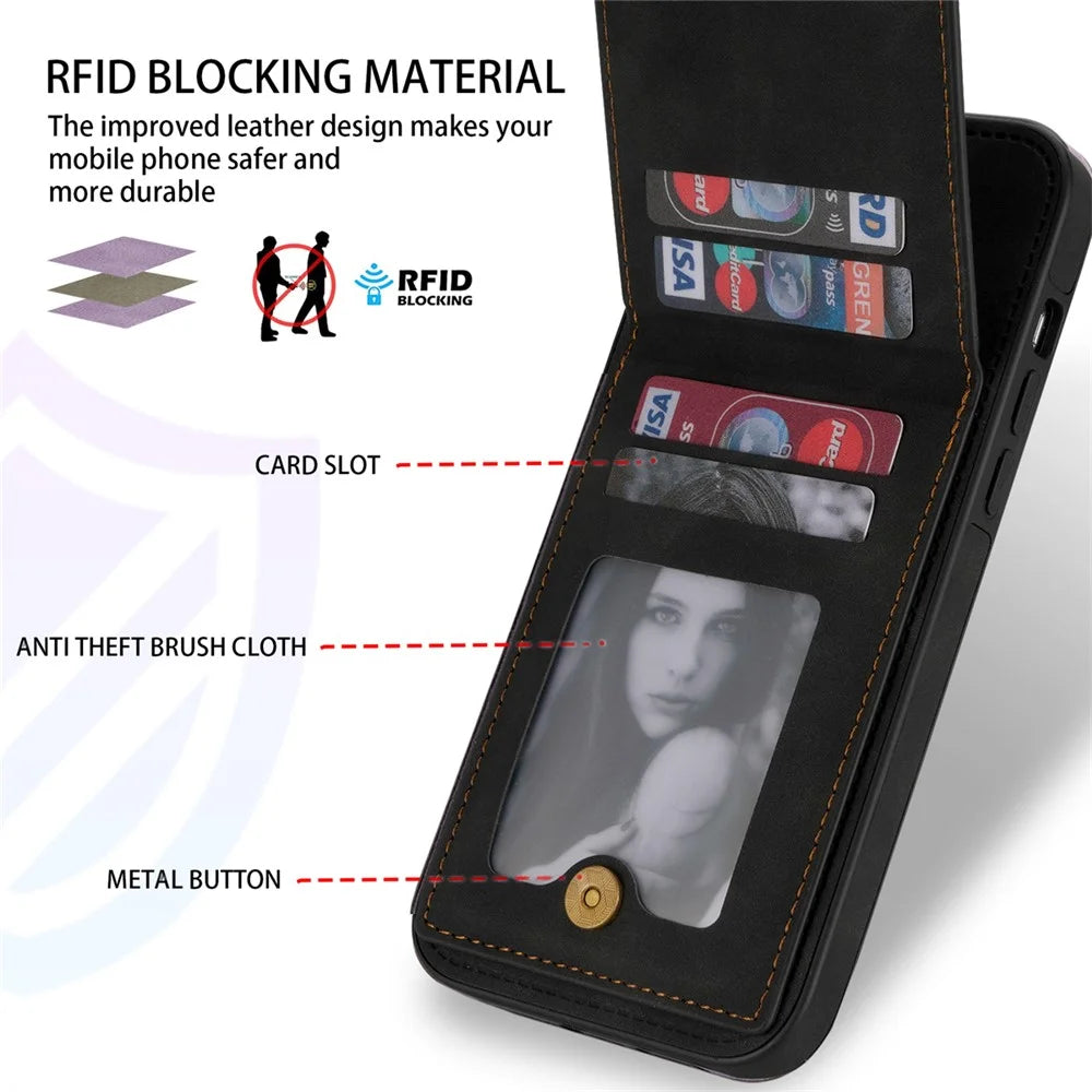N.BEKUS RFID Blocking Phone Case for iPhone 15 , Card Holder Kickstand Leather Coated TPU Cover - Black - 7