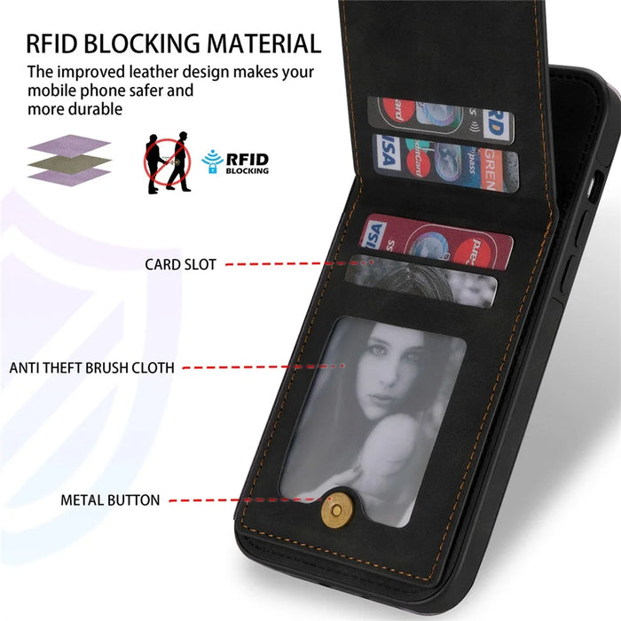 N.BEKUS RFID Blocking Phone Case for iPhone 15 , Card Holder Kickstand Leather Coated TPU Cover - Black - 7