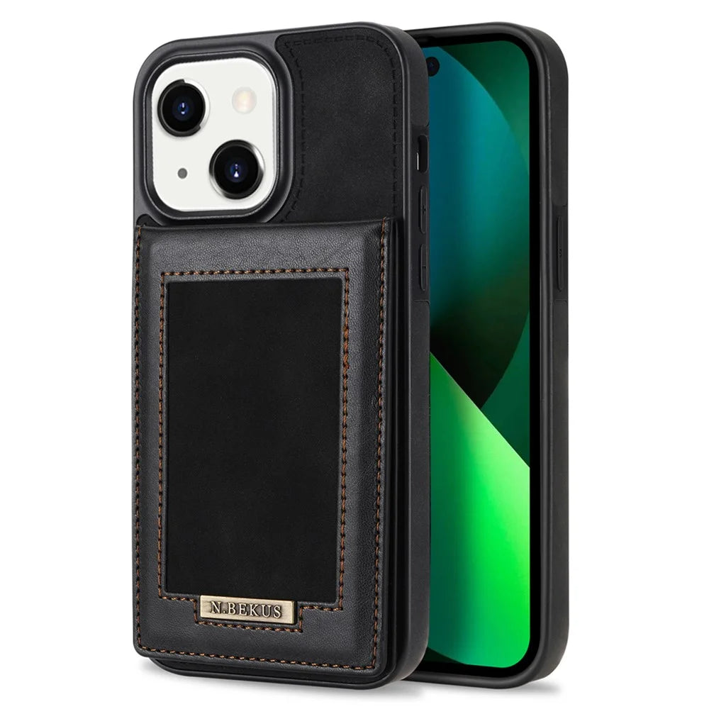 N.BEKUS Card Holder RFID Blocking Case for iPhone 15 Plus , PU Leather Coated TPU Kickstand Phone Cover - Black - 1