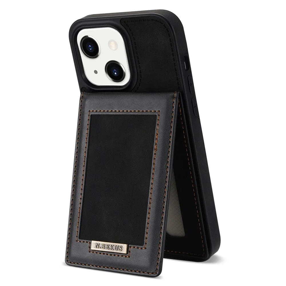 N.BEKUS Card Holder RFID Blocking Case for iPhone 15 Plus , PU Leather Coated TPU Kickstand Phone Cover - Black - 3