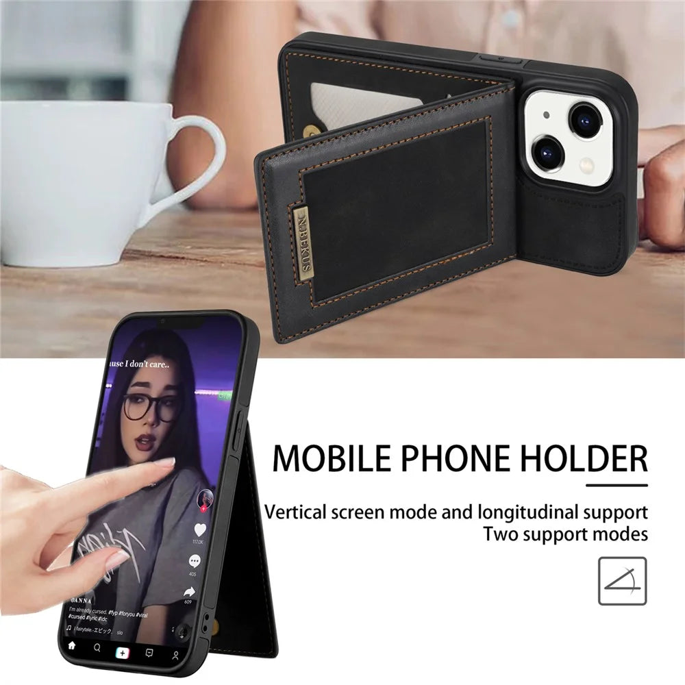 N.BEKUS Card Holder RFID Blocking Case for iPhone 15 Plus , PU Leather Coated TPU Kickstand Phone Cover - Black - 5