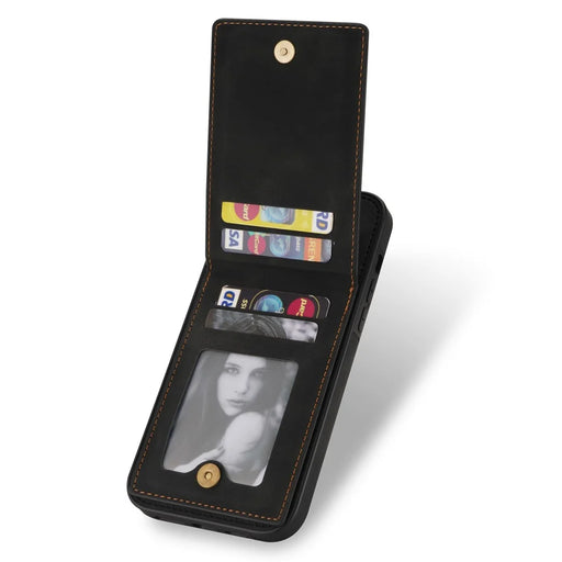 N.BEKUS Leather Coated TPU Case for iPhone 15 Pro Max , Card Holder RFID Blocking Phone Kickstand Cover - Black - 2