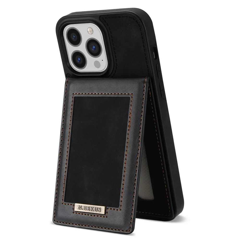 N.BEKUS Leather Coated TPU Case for iPhone 15 Pro Max , Card Holder RFID Blocking Phone Kickstand Cover - Black - 3
