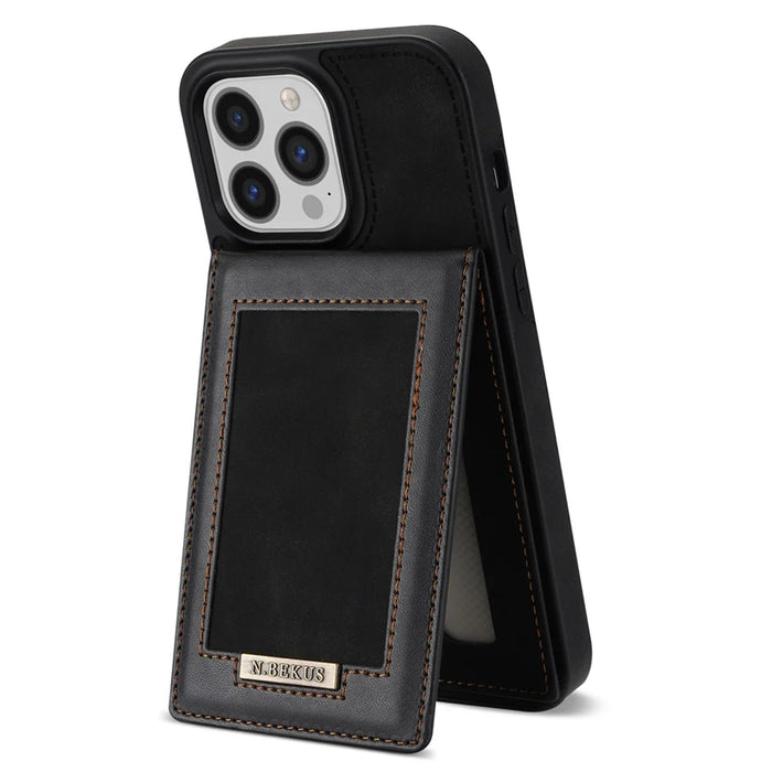 N.BEKUS Leather Coated TPU Case for iPhone 15 Pro Max , Card Holder RFID Blocking Phone Kickstand Cover - Black - 3