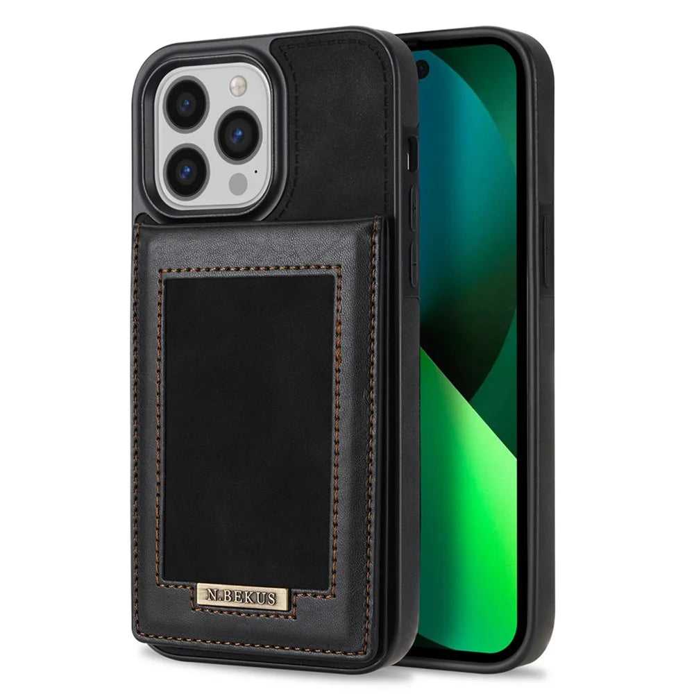 N.BEKUS Kickstand Case for iPhone 15 Pro , RFID Blocking Card Holder Leather Coated TPU Phone Cover - Black - 1