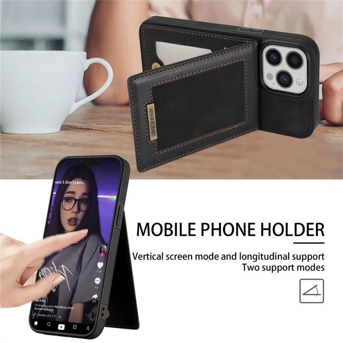 N.BEKUS Kickstand Case for iPhone 15 Pro , RFID Blocking Card Holder Leather Coated TPU Phone Cover - Black - 6
