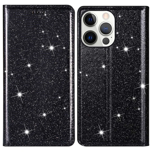 For iPhone 15 Pro Glitter Phone Case Card Holder Stand PU Leather Protective Phone Cover - Black - 1