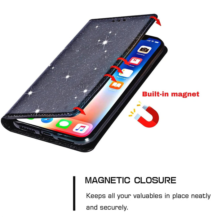 For iPhone 15 Pro Glitter Phone Case Card Holder Stand PU Leather Protective Phone Cover - Black - 5