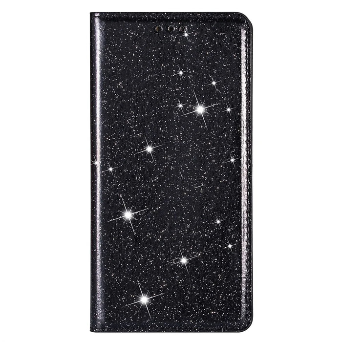 For iPhone 15 Pro Glitter Phone Case Card Holder Stand PU Leather Protective Phone Cover - Black - 6