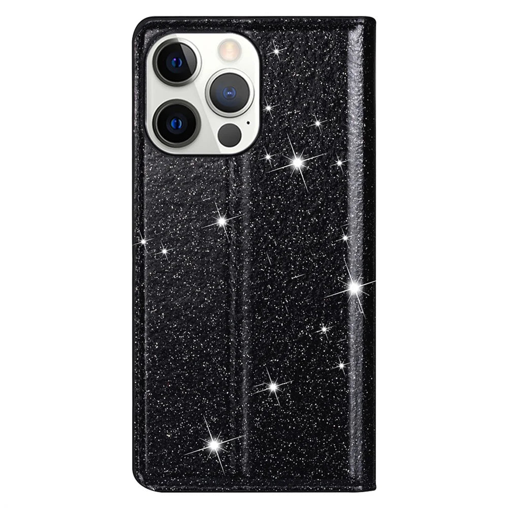 For iPhone 15 Pro Glitter Phone Case Card Holder Stand PU Leather Protective Phone Cover - Black - 7