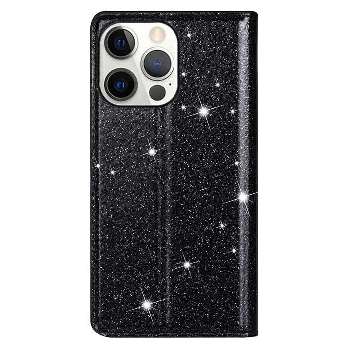 For iPhone 15 Pro Glitter Phone Case Card Holder Stand PU Leather Protective Phone Cover - Black - 7
