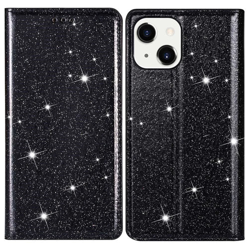 Glitter PU Leather Stand Phone Case for iPhone 15 , Card Holder Anti-drop Phone Cover - Black - 1