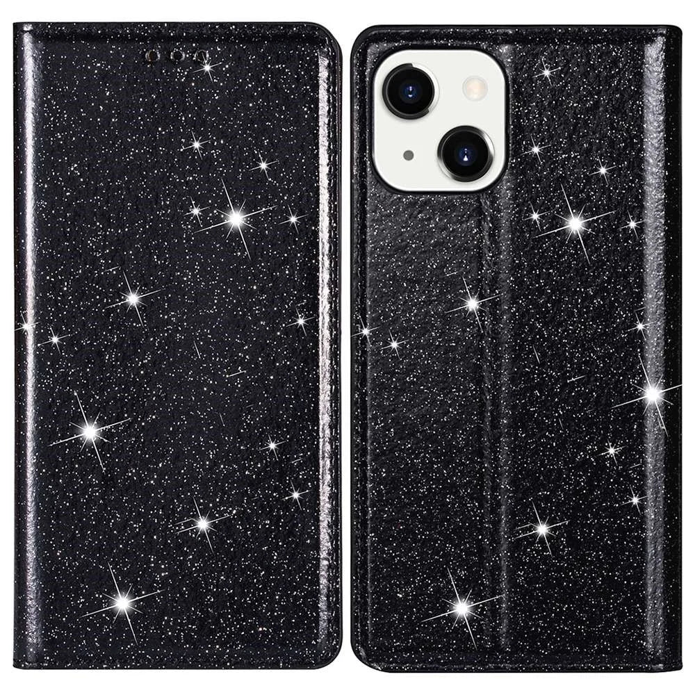 Glitter PU Leather Stand Phone Case for iPhone 15 , Card Holder Anti-drop Phone Cover - Black - 1
