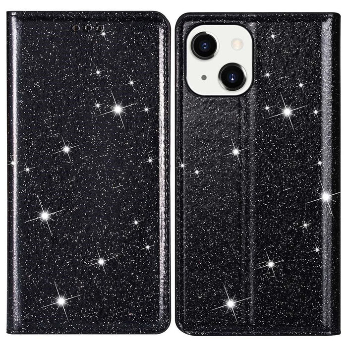 Glitter PU Leather Stand Phone Case for iPhone 15 , Card Holder Anti-drop Phone Cover - Black - 1