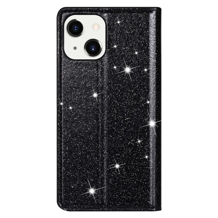 Glitter PU Leather Stand Phone Case for iPhone 15 , Card Holder Anti-drop Phone Cover - Black - 7