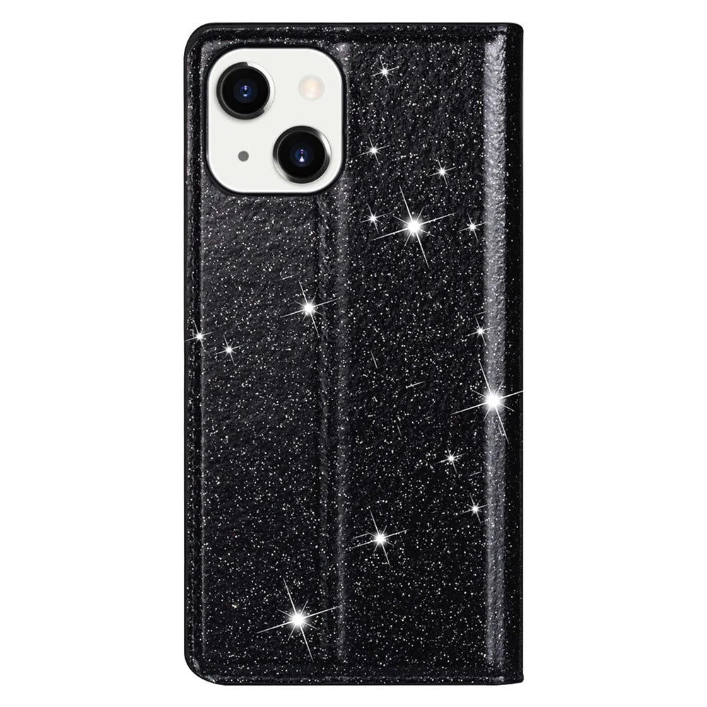 For iPhone 15 Plus Card Holder Phone Leather Case Full Protection Stand Glitter Phone Cover - Black - 7