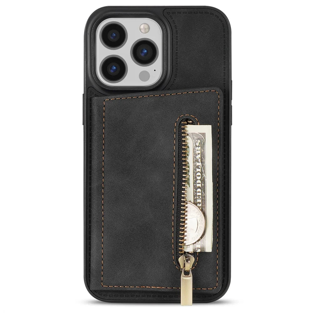 For iPhone 15 Pro Max Zipper Pocket Phone Case Kickstand Wallet PU Leather Coated TPU Cover - Black - 1