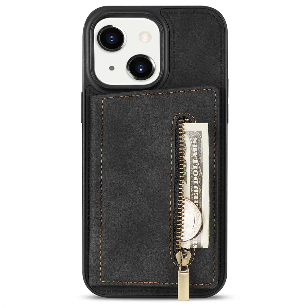 Zipper Pocket Leather Coated TPU Case for iPhone 15 , Kickstand Wallet Cell Phone Cover - Black - 1