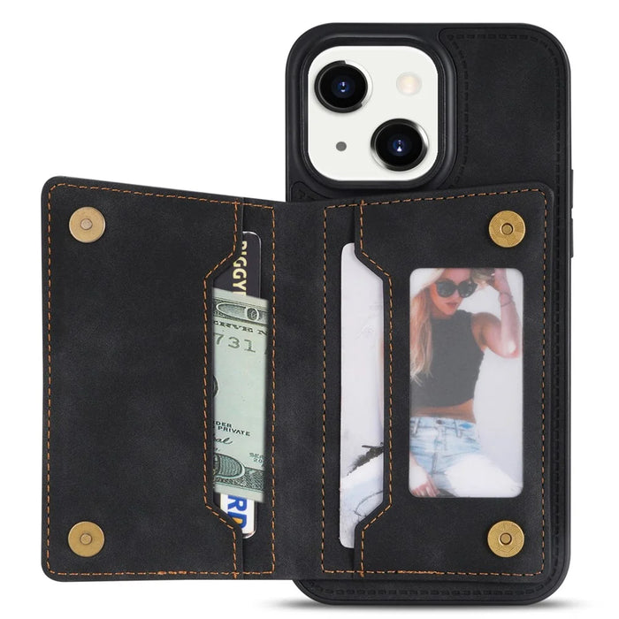 Zipper Pocket Leather Coated TPU Case for iPhone 15 , Kickstand Wallet Cell Phone Cover - Black - 2