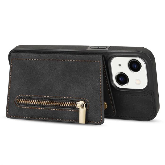 Zipper Pocket Leather Coated TPU Case for iPhone 15 , Kickstand Wallet Cell Phone Cover - Black - 3