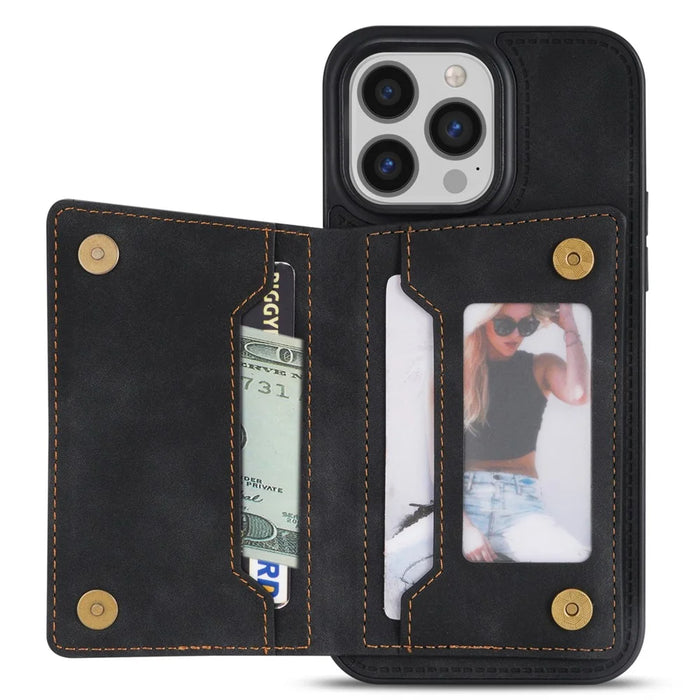 For iPhone 15 Pro Wallet Zipper Pocket Case PU Leather Coated TPU Kickstand Phone Cover - Black - 2