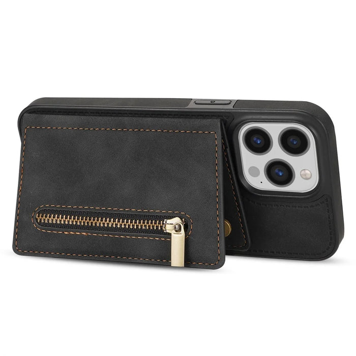 For iPhone 15 Pro Wallet Zipper Pocket Case PU Leather Coated TPU Kickstand Phone Cover - Black - 3